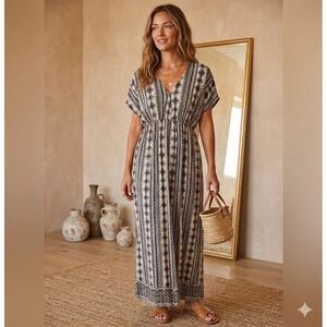 Cristinalove Boho Geometric Print Maxi Dress Black Cream V-Neck Empire Waist S